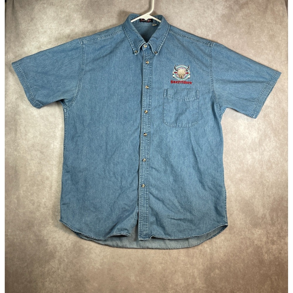 Easyriders Denim Shirt Mens Large Blue Button Down Short Sleeve Western Aztec